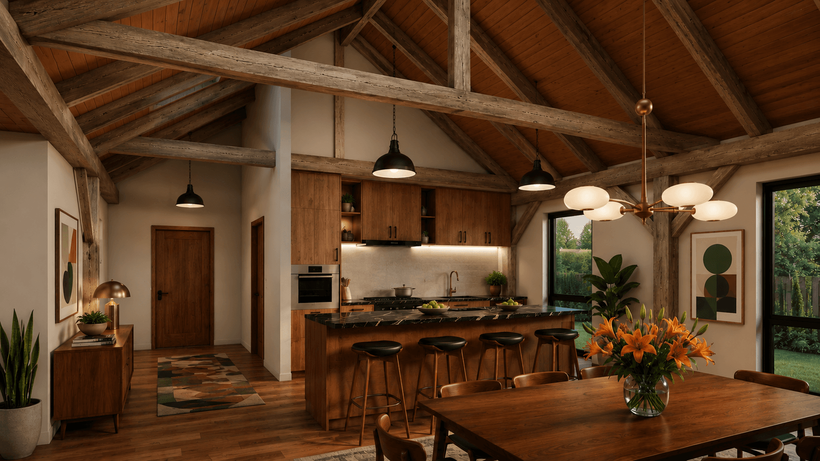 Contemporary timber barn home with covered outdoor entertaining area