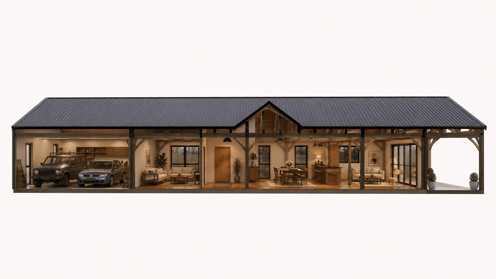 246m2 single storey timber frame barn home with outdoor porticos