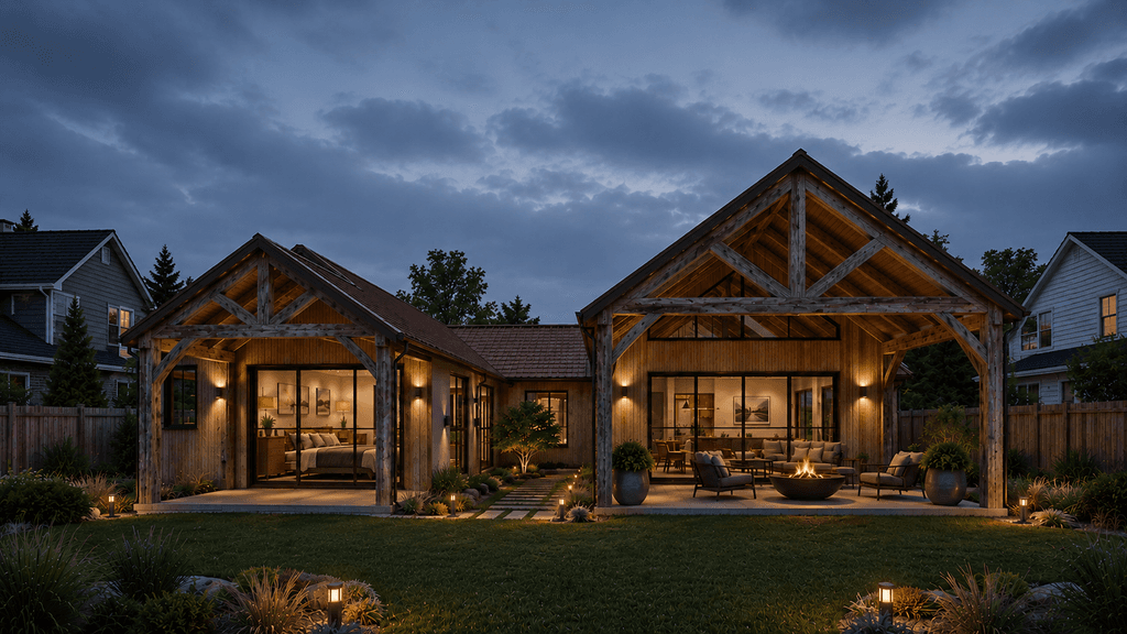 Timber framed barn home with open plan living and porticos