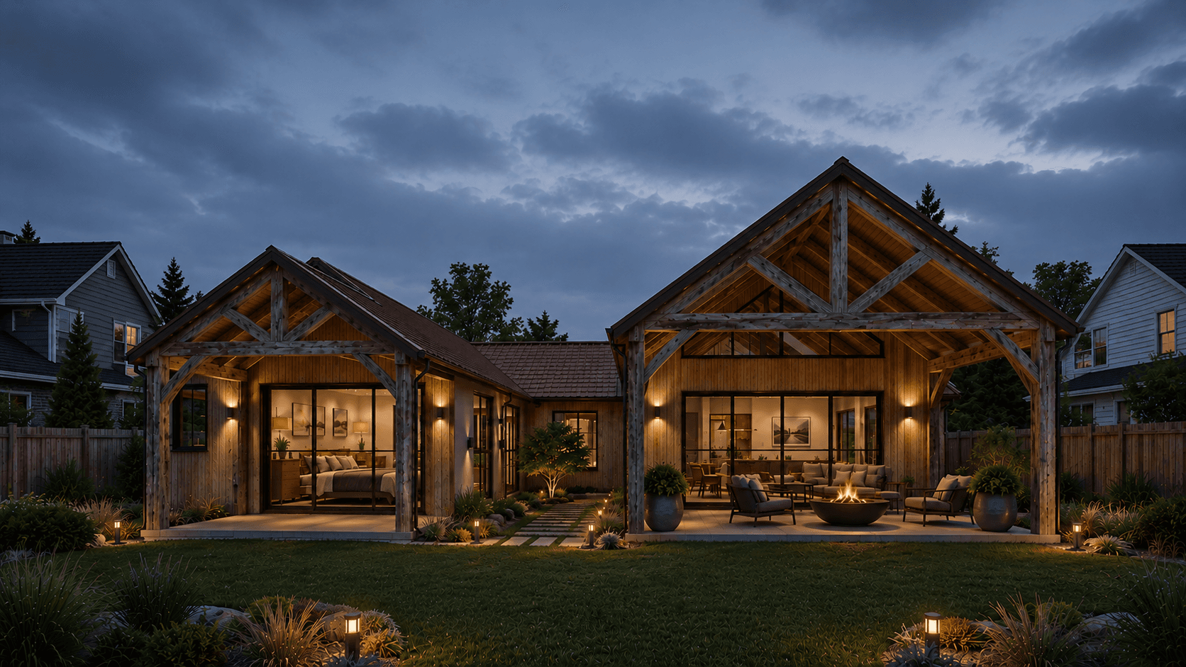Timber framed barn home with open plan living and porticos