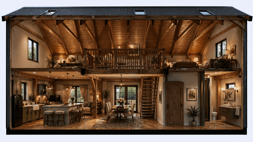 Contemporary barn-style house with wraparound veranda and exposed timber beams corss section