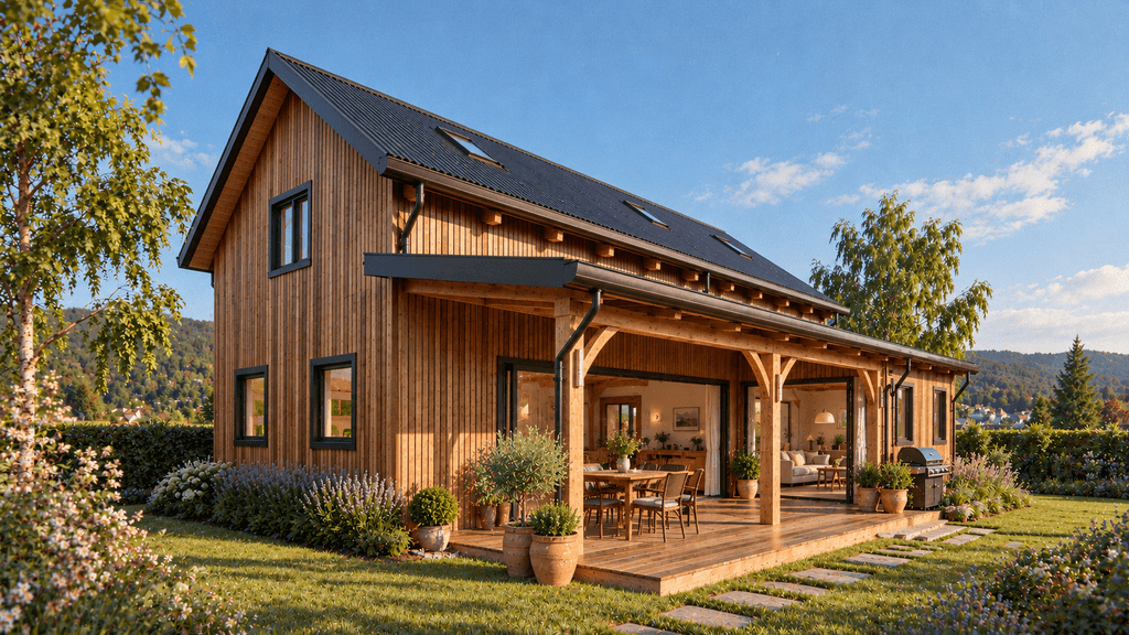 Two-storey timber frame barn with a large upstairs entertainment area, ideal for hosting guests in all weather conditions.