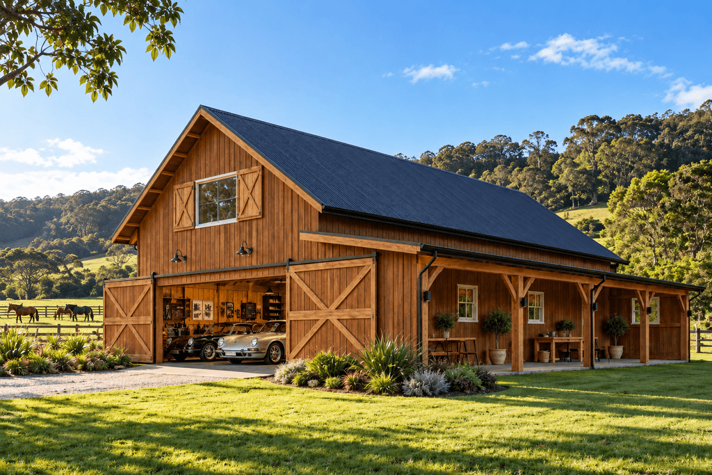 Large custom timber frame storage barn with exposed rafters, solid timber posts and beams on a lifestyle property.