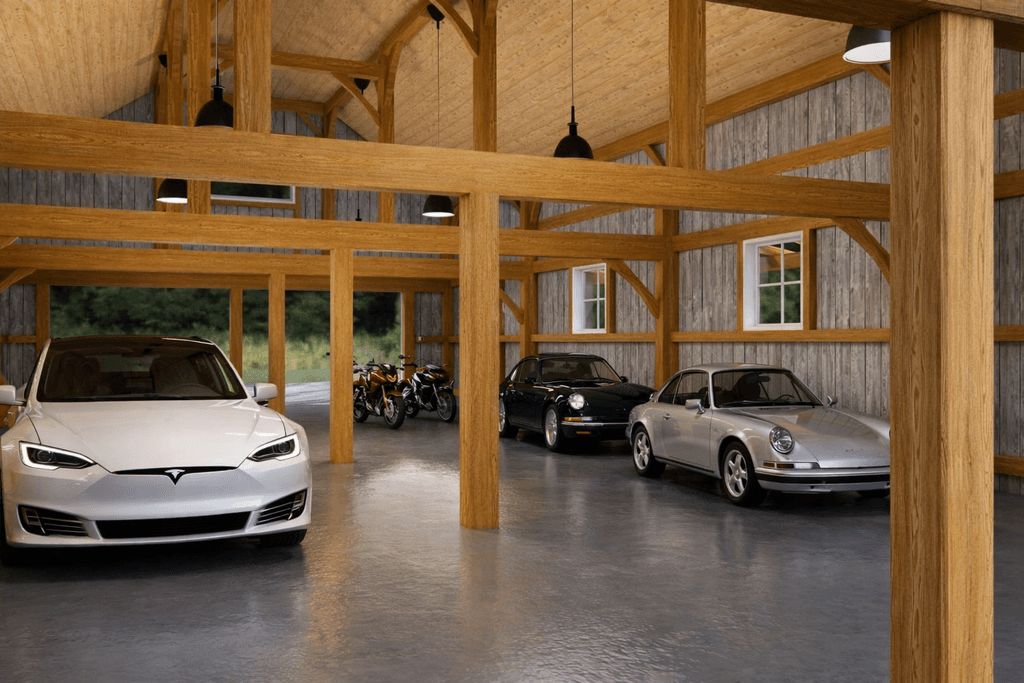 Large timber frame barn with multiple vehicle storage bays in New Zealand