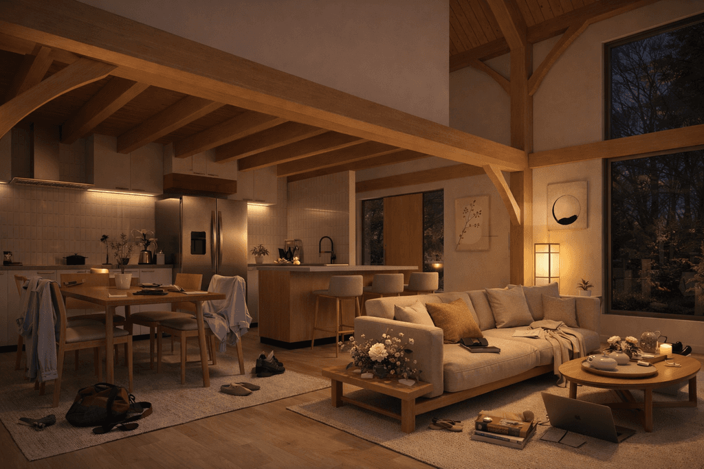 Narrow site timber frame barn home with modern exterior