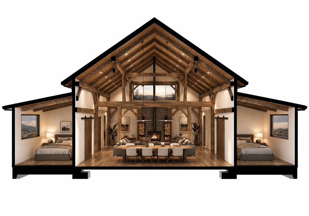Coastal timber frame home set amongst New Zealand sand dunes at dusk with warm interior glow - cross sectional