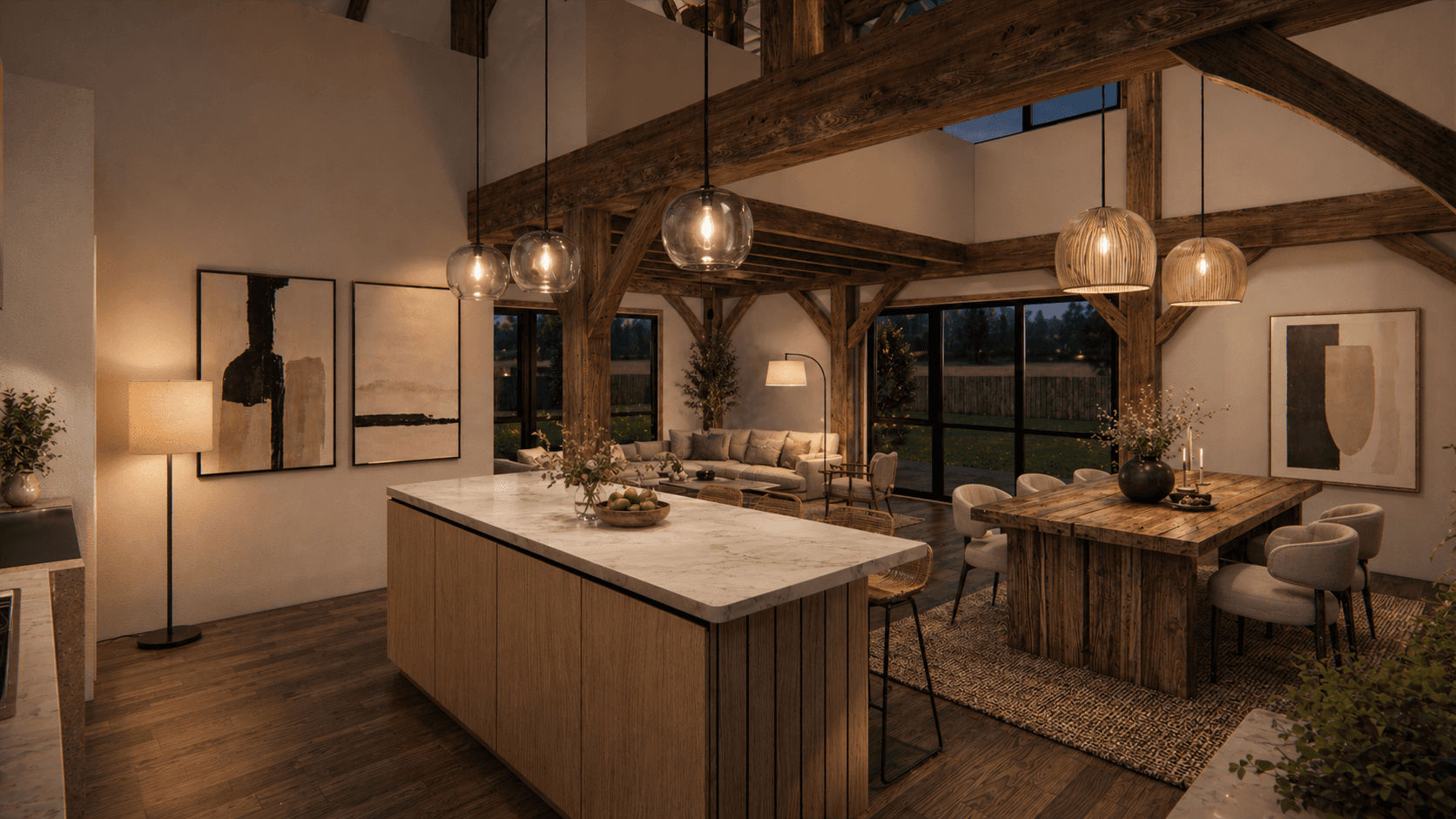 Modern English timber barn home with cantered queen posts