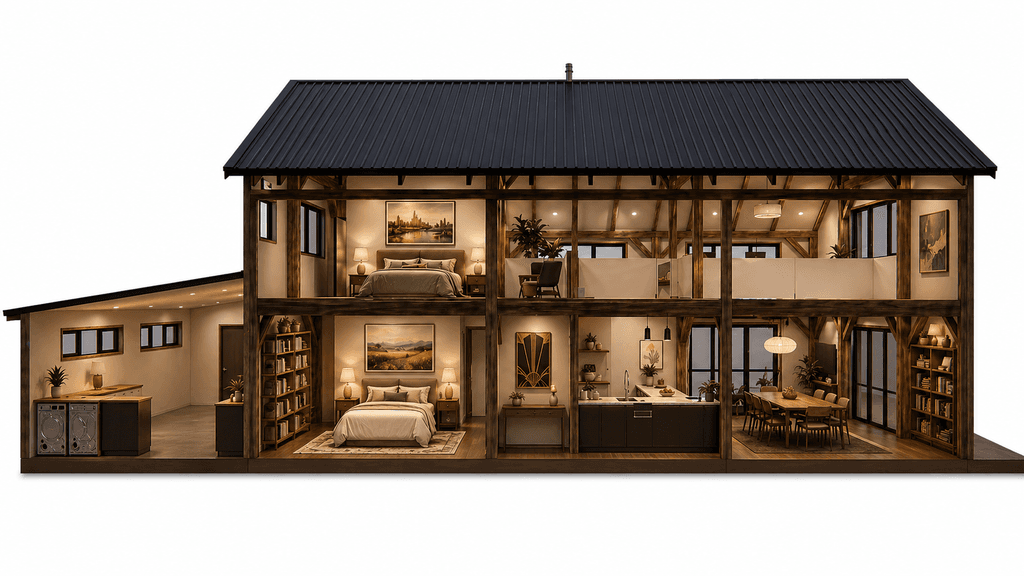 Barn frame home designed for professionals working from home cross section