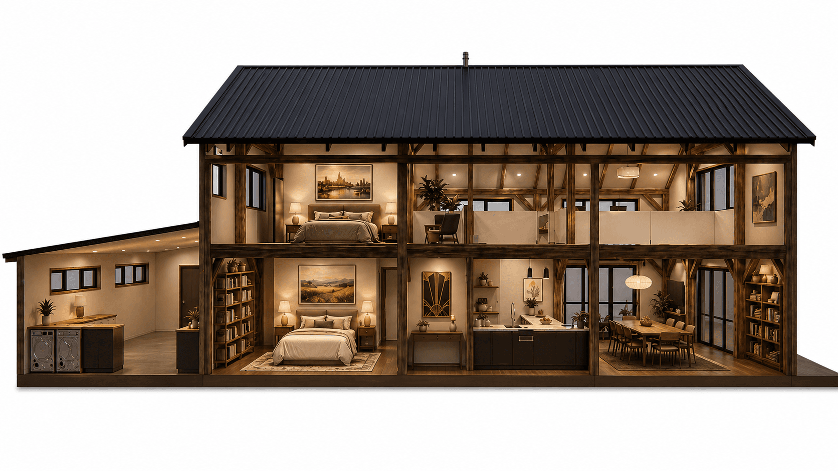 Barn frame home designed for professionals working from home cross section