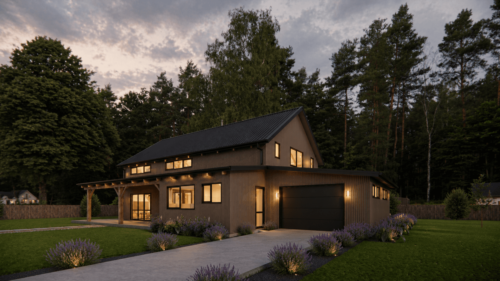 Open plan barn style home interior with exposed timber framing