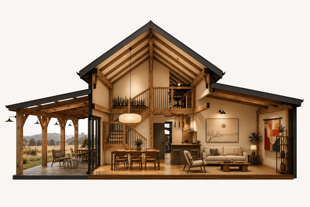 High quality timber frame barn cross section showcasing detailed craftsmanship and natural wood grain