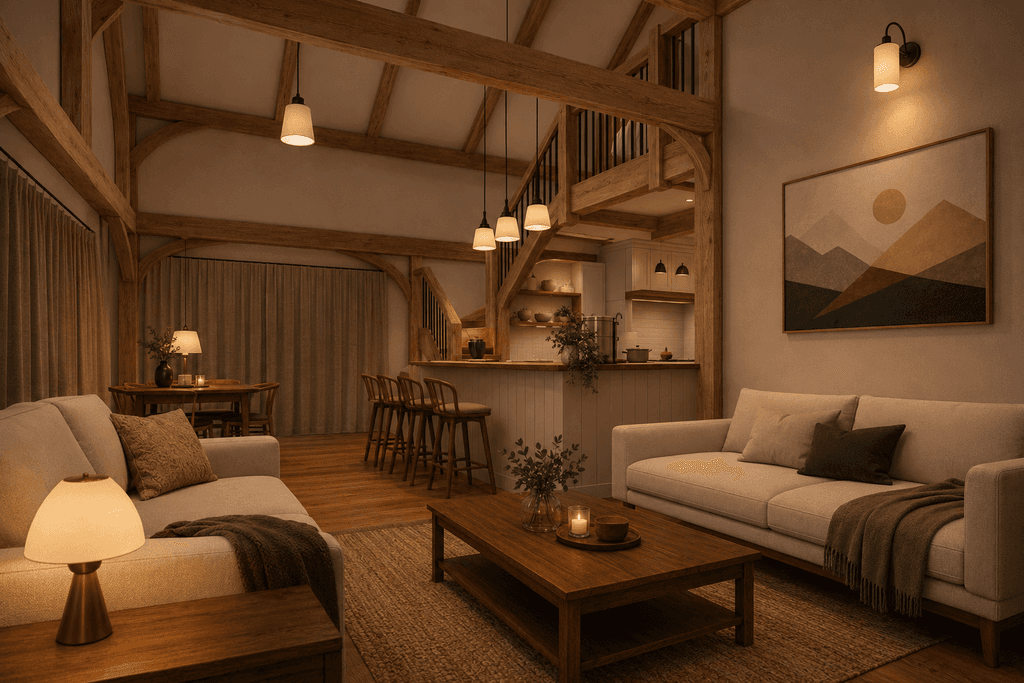 Minimalist small timber frame barn home interior, Japandi styling
