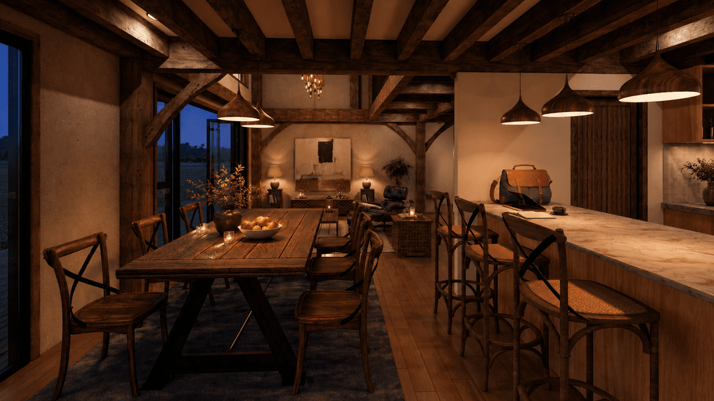 Contemporary rural barn home NZ with large entertaining spaces and timber beams - interior