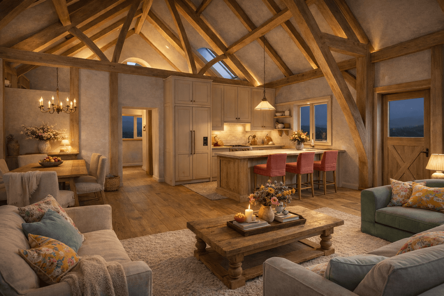 Light-filled timber frame design with dramatic cruck structure and strong architectural character interior