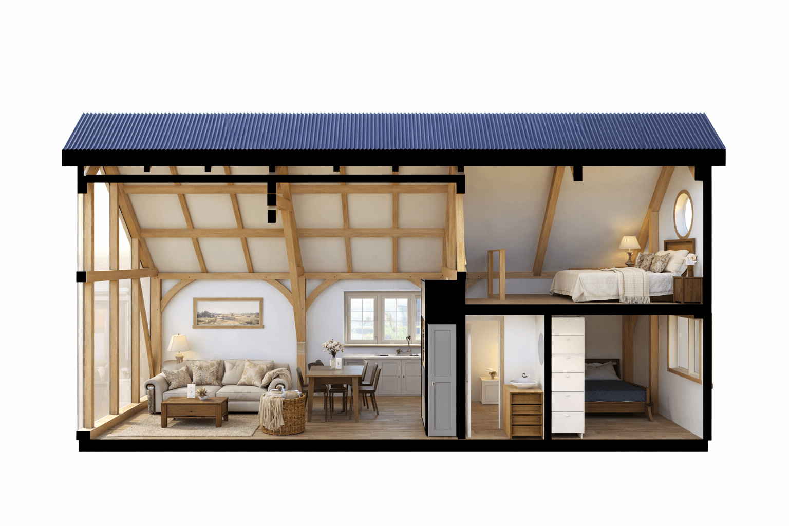 Architecturally bold cruck frame design with light-filled interior and high vaulted ceilings cross section