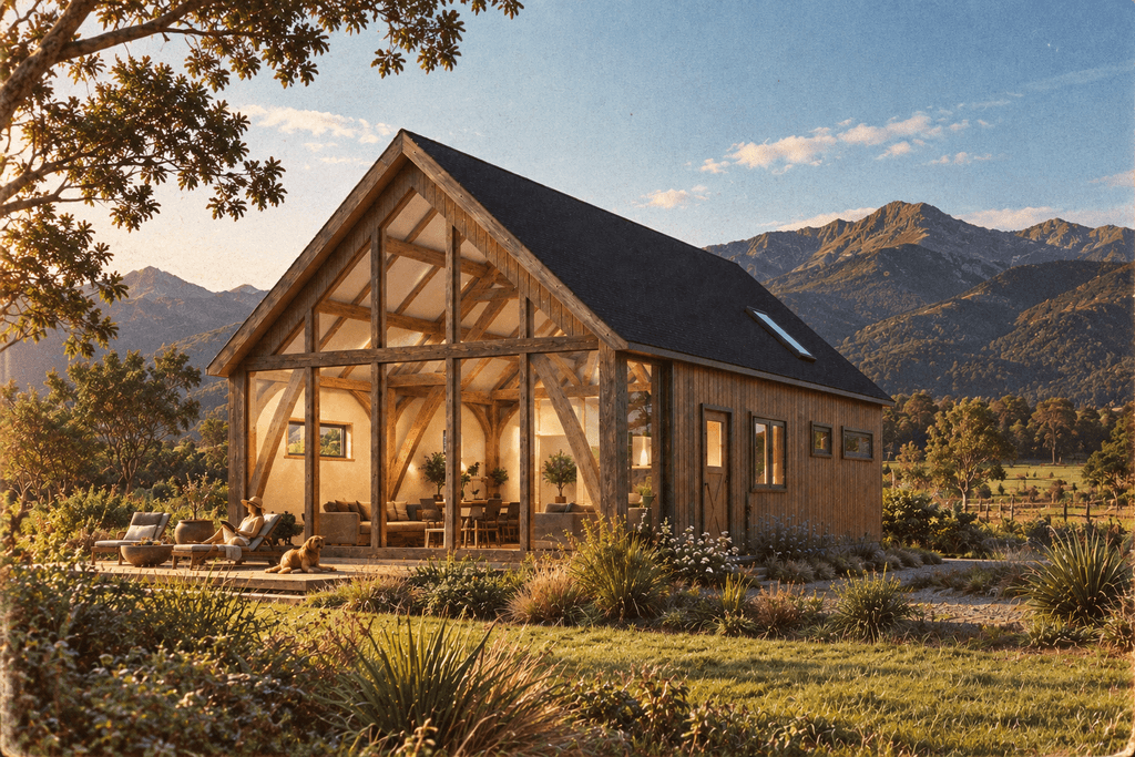 Light-filled cruck-frame barn home with oversized front windows, well suited to creative studios or holiday lets