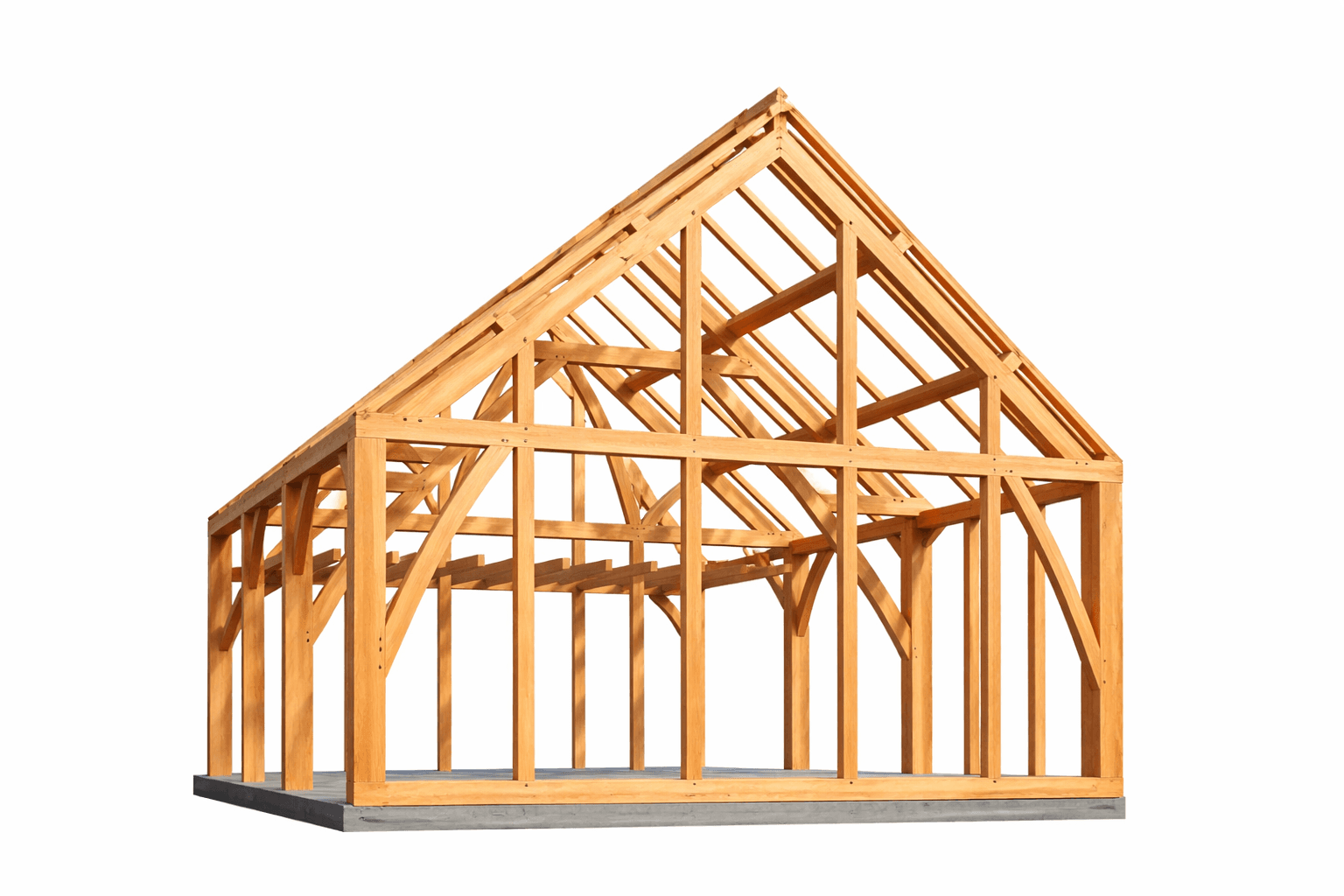 Compact timber home with soaring cruck beams and expansive windows framing scenic views