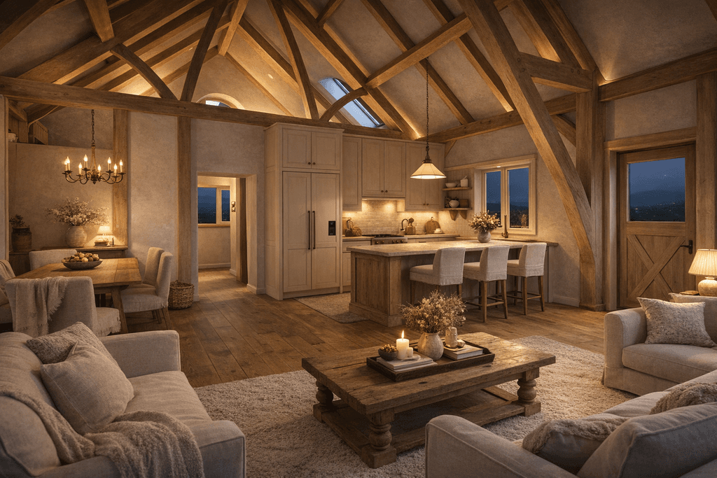 Light-filled timber frame design with dramatic cruck structure and strong architectural character