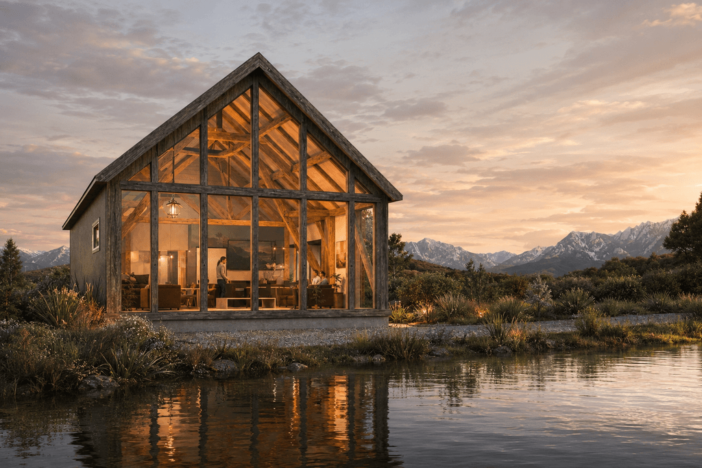 Modern timber frame barn studio with exposed cruck frame construction and sustainable New Zealand timber