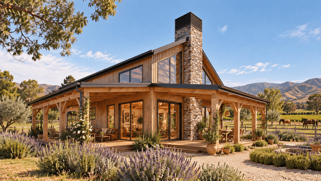 The Summer House timber frame barn home exterior with veranda at golden hour by Heritage Timbercraft