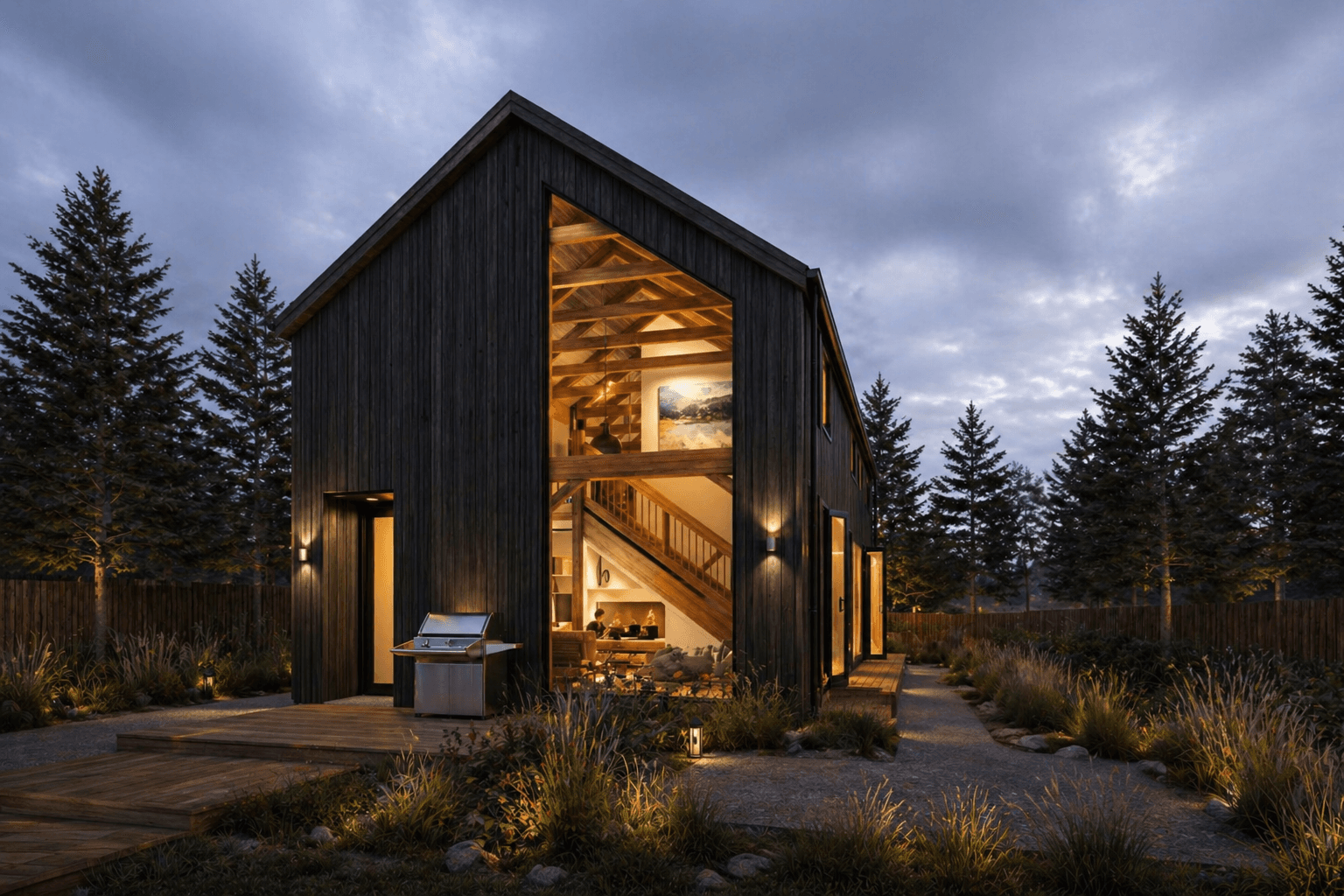 Contemporary barn style home with exposed Douglas-fir timber beams and luxury lifestyle appeal