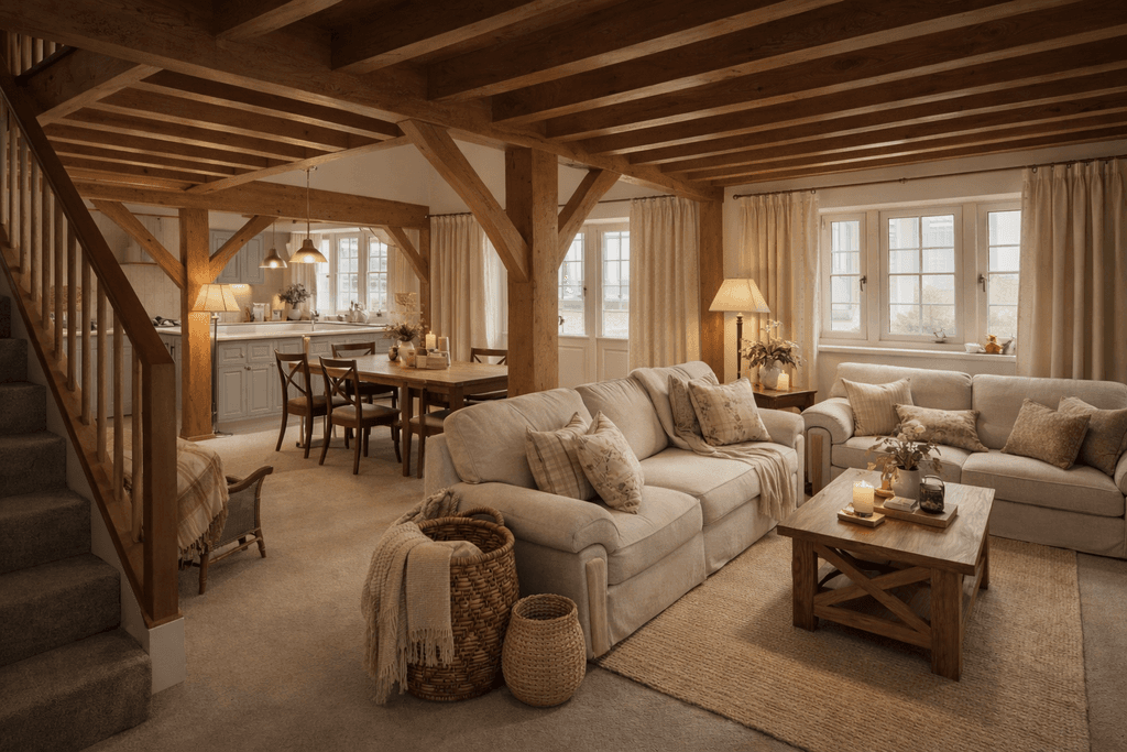 Architecturally bold timber frame townhouse design with light-filled interior and high vaulted ceilings