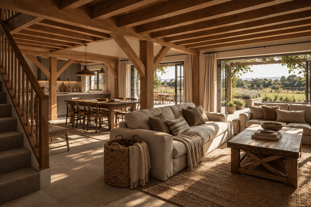 Spacious living area barn-style townhouse made from sustainable NZ timber with exposed structural beams and natural finishes