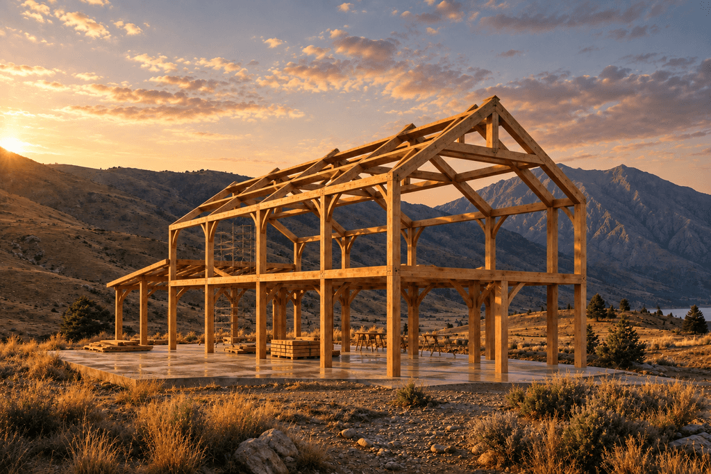Sustainable New Zealand timber frame barn home under construction