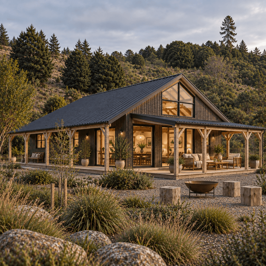 Affordable timber frame barn home "hybrid" design - the "FirstFrame 2" by Heritage Timbercraft
